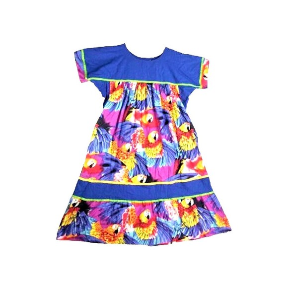 Vintage KRIST GUDNASON Blue Colorful Parrot Print Dress Sz XL Cotton USA - Picture 4 of 5